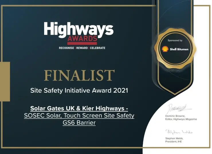 Solar Gates UK Finalist For 2 Highways Awards