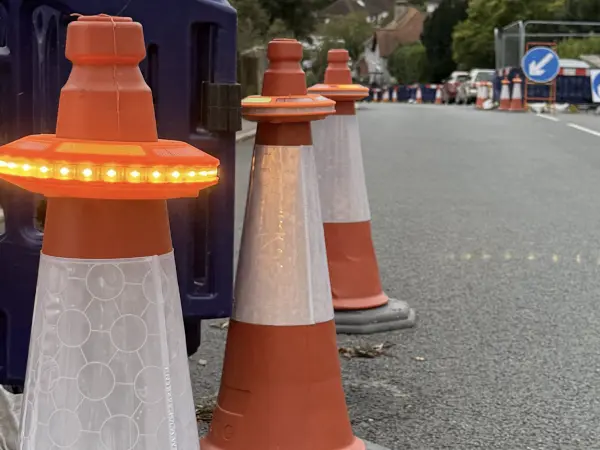cones with cone flare light attachment on road networks.