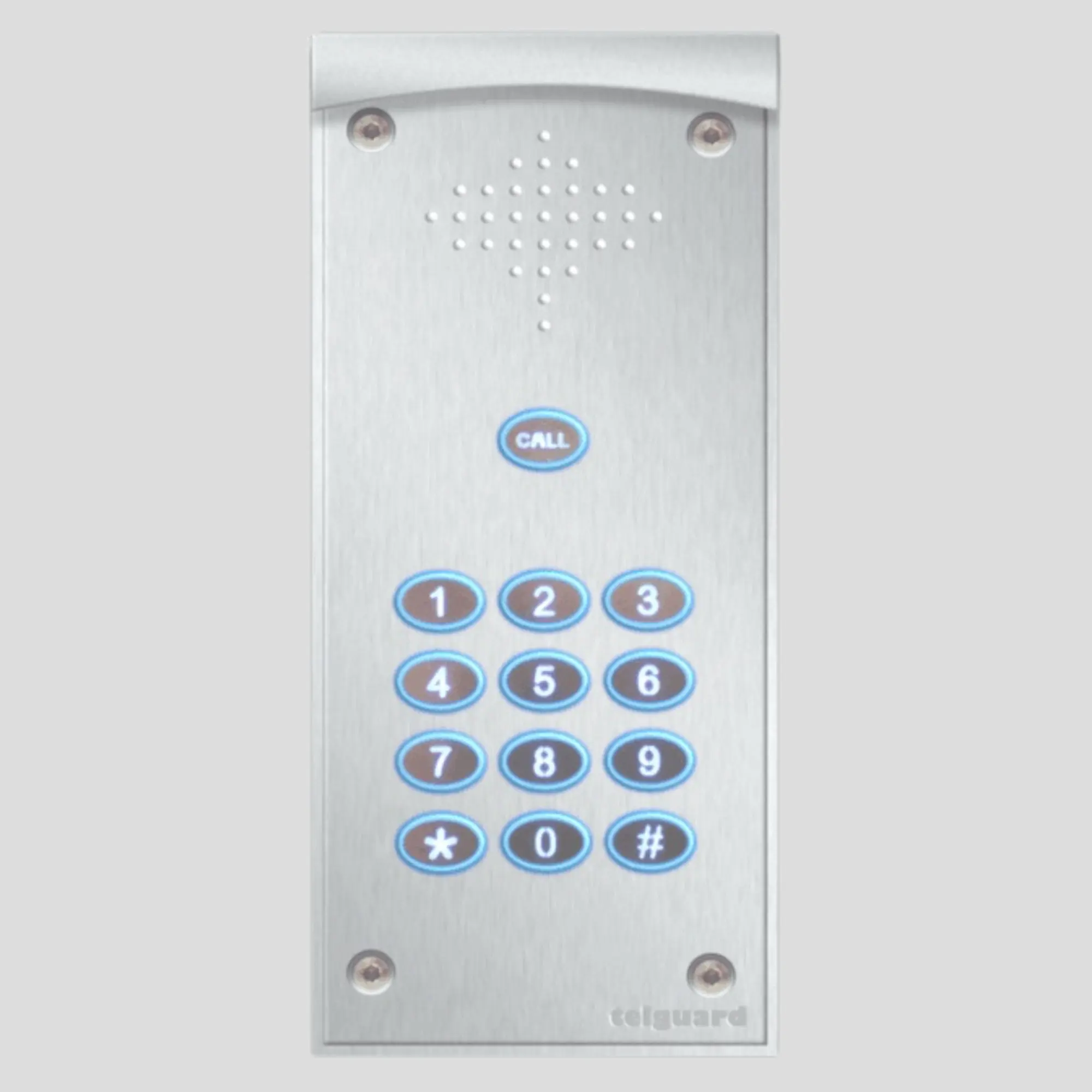Audio intercom box with call numbers and call button.