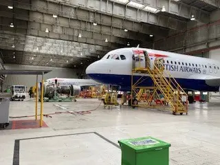 fire safety system being deployed at heathrow airport BA hangar